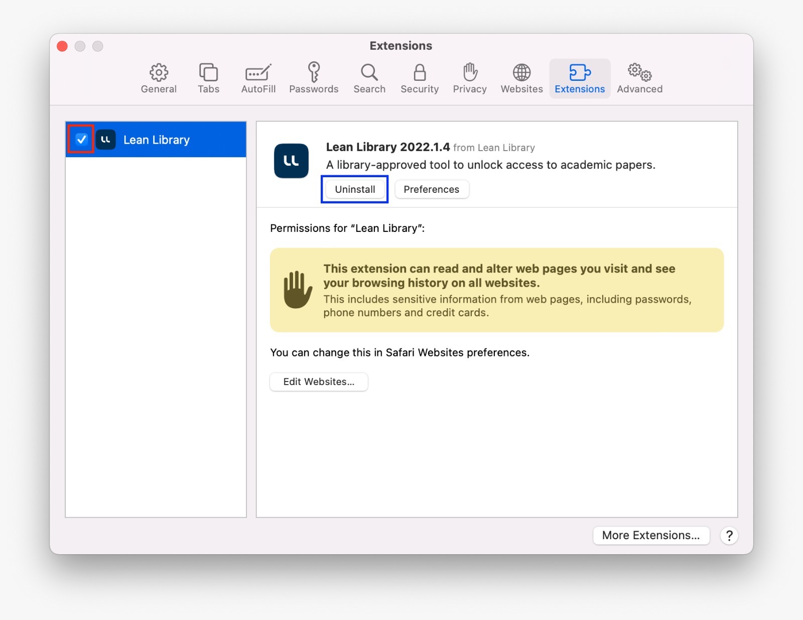 How do I temporarily disable:remove the Lean Library extension? 3.jpeg